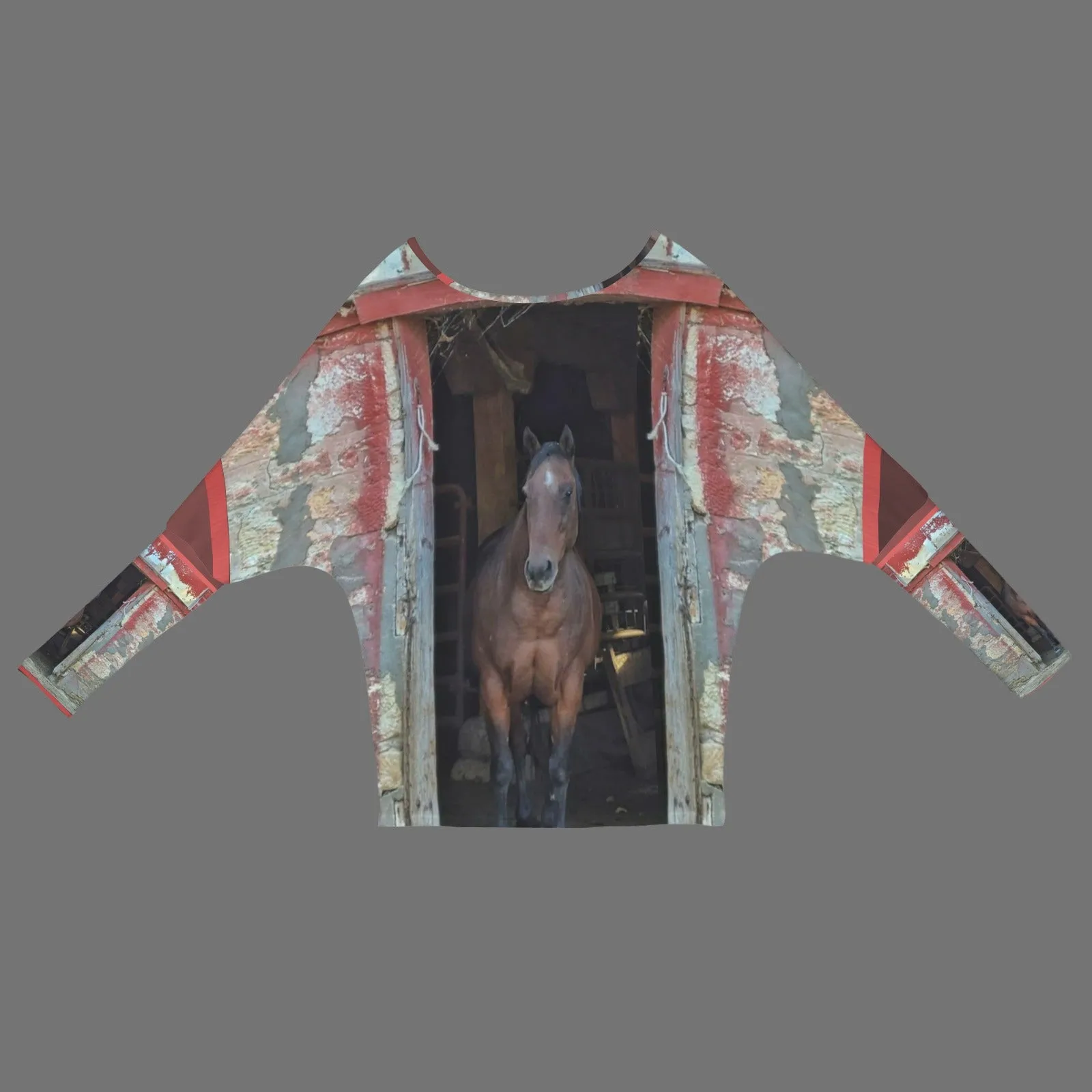 Batwing Long Sleeve Sweater Horse in Red Barn