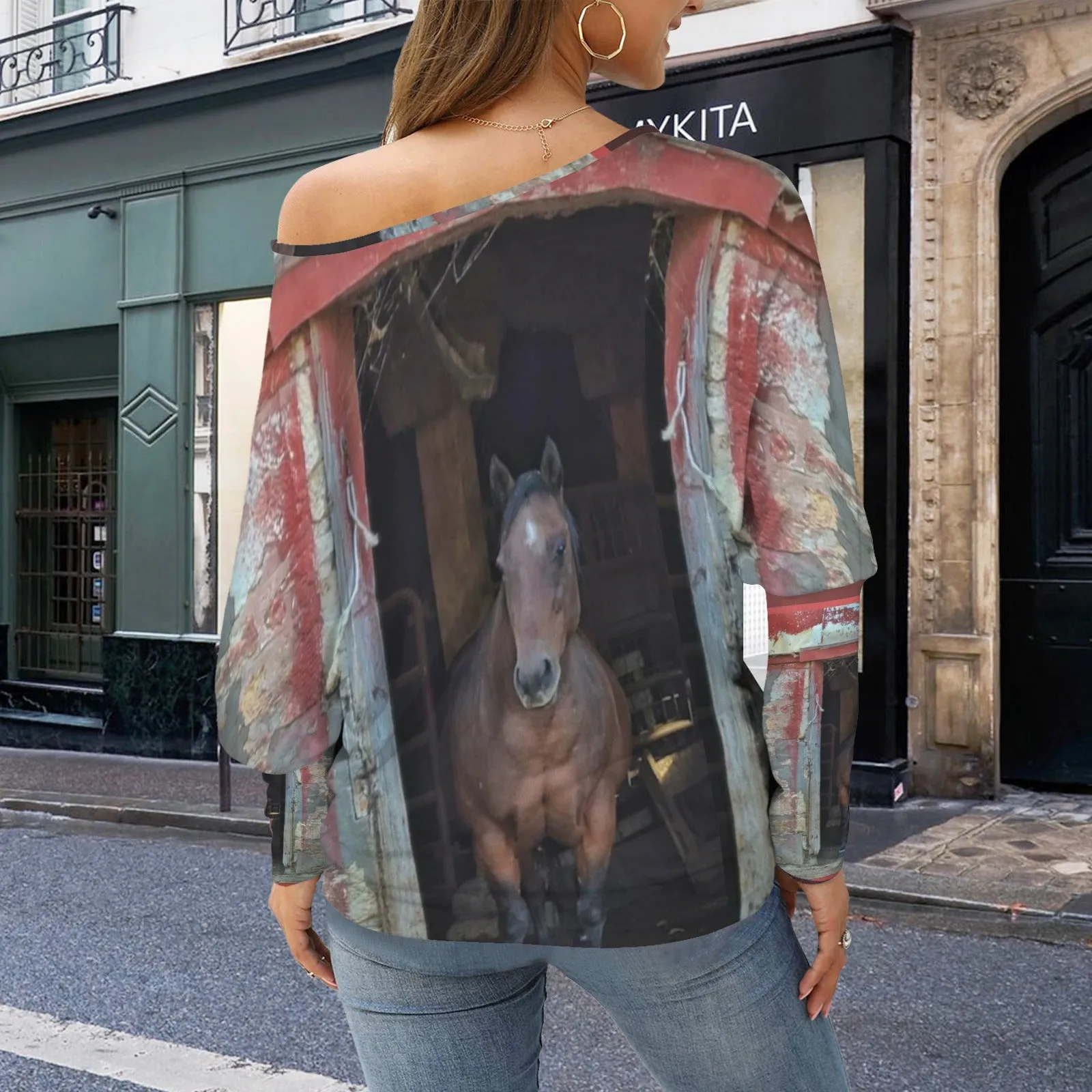 Batwing Long Sleeve Sweater Horse in Red Barn
