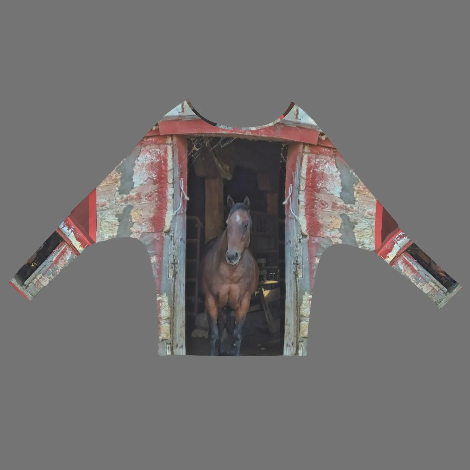 Batwing Long Sleeve Sweater Horse in Red Barn