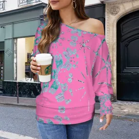 Batwing Long Sleeve Sweater Pink and Turquoise Graphic