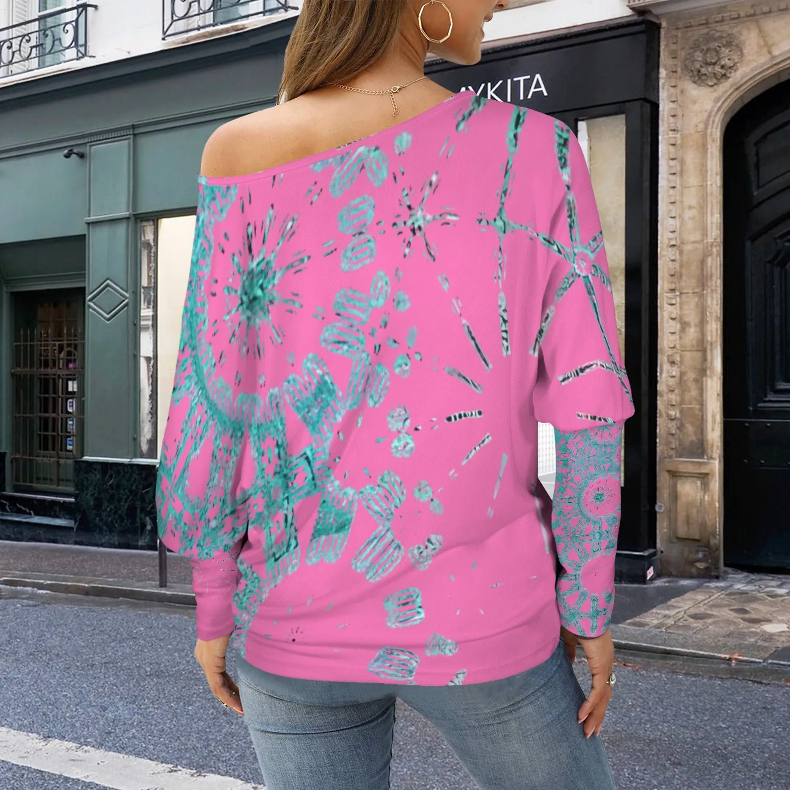 Batwing Long Sleeve Sweater Pink and Turquoise Graphic