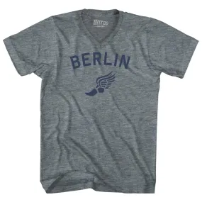 Berlin Running Track Winged Foot Tri-Blend V-neck Womens Junior Cut T-shirt