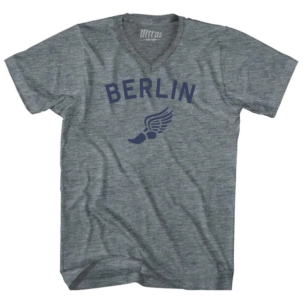 Berlin Running Track Winged Foot Tri-Blend V-neck Womens Junior Cut T-shirt