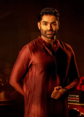 Burgundy linen silk men's kurta co-ord set