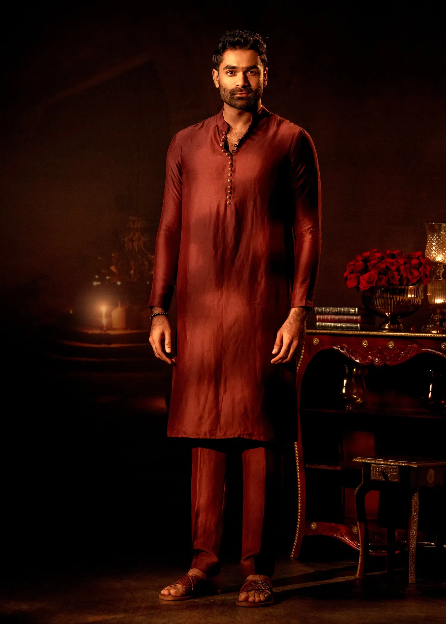 Burgundy linen silk men's kurta co-ord set