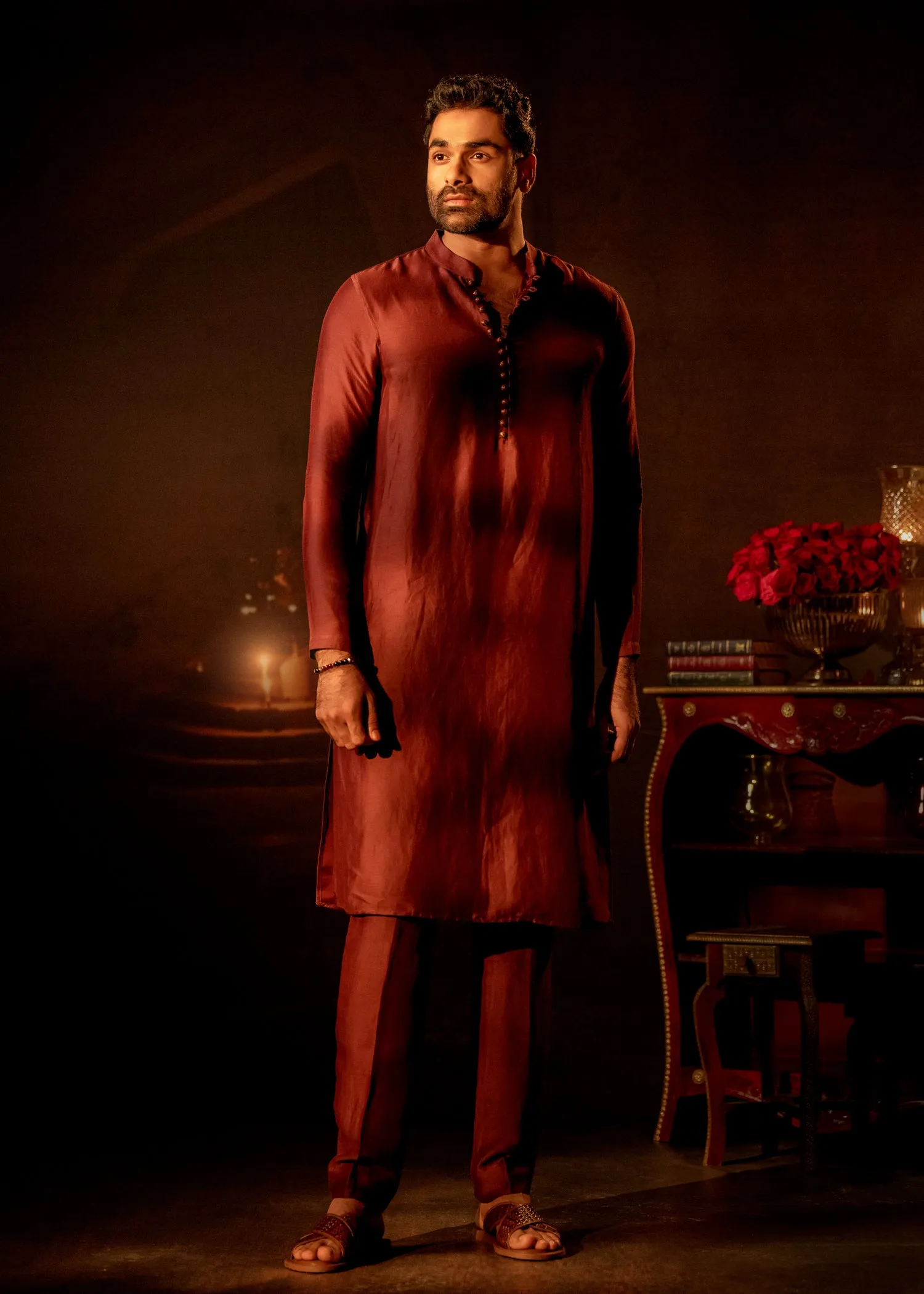 Burgundy linen silk men's kurta co-ord set