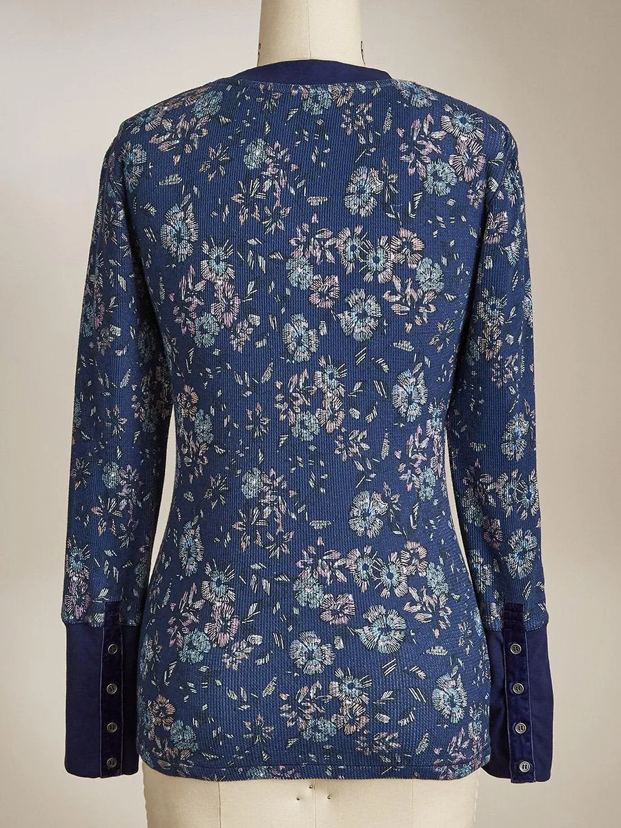 Casual Vintage Round Neck Long Sleeve Floral Button T-Shirt