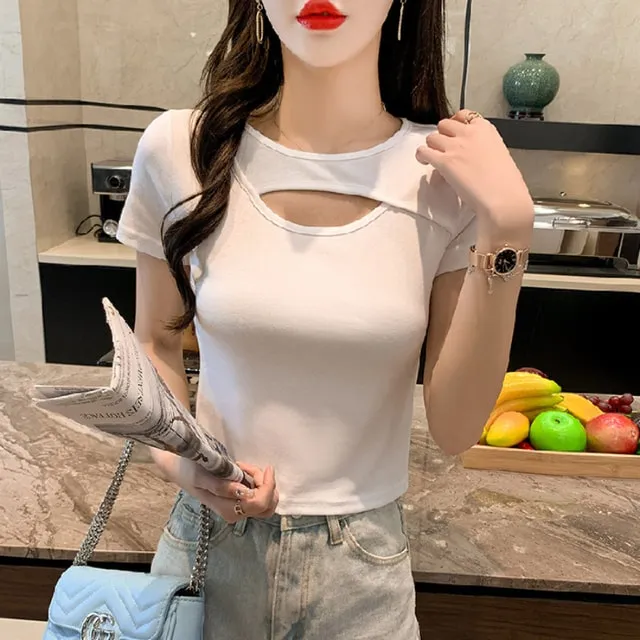 Hollow Out Pure Color Short T-Shirt