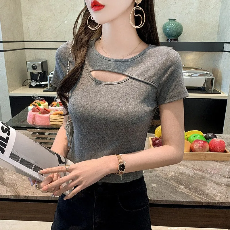 Hollow Out Pure Color Short T-Shirt