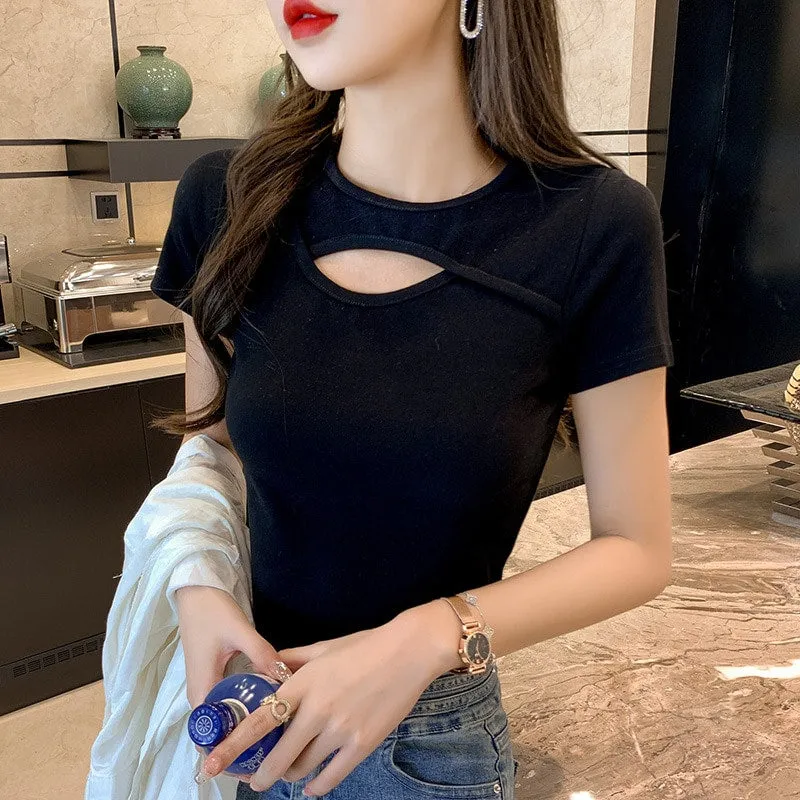Hollow Out Pure Color Short T-Shirt