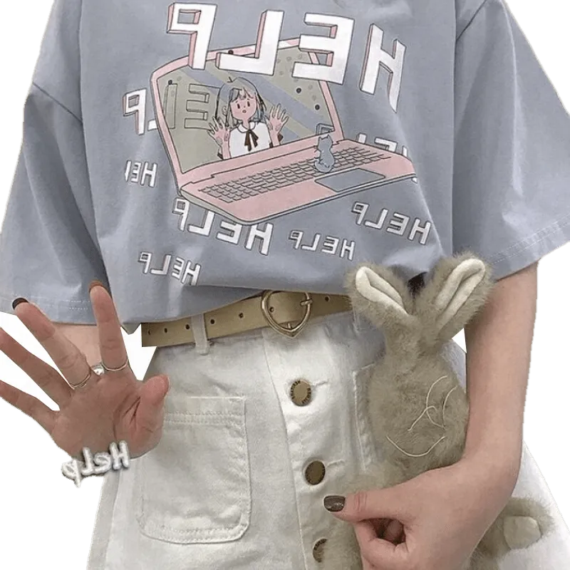 Kawaii "HELP" T-Shirt With Computer Print