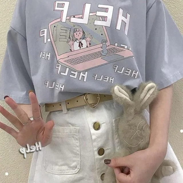 Kawaii "HELP" T-Shirt With Computer Print