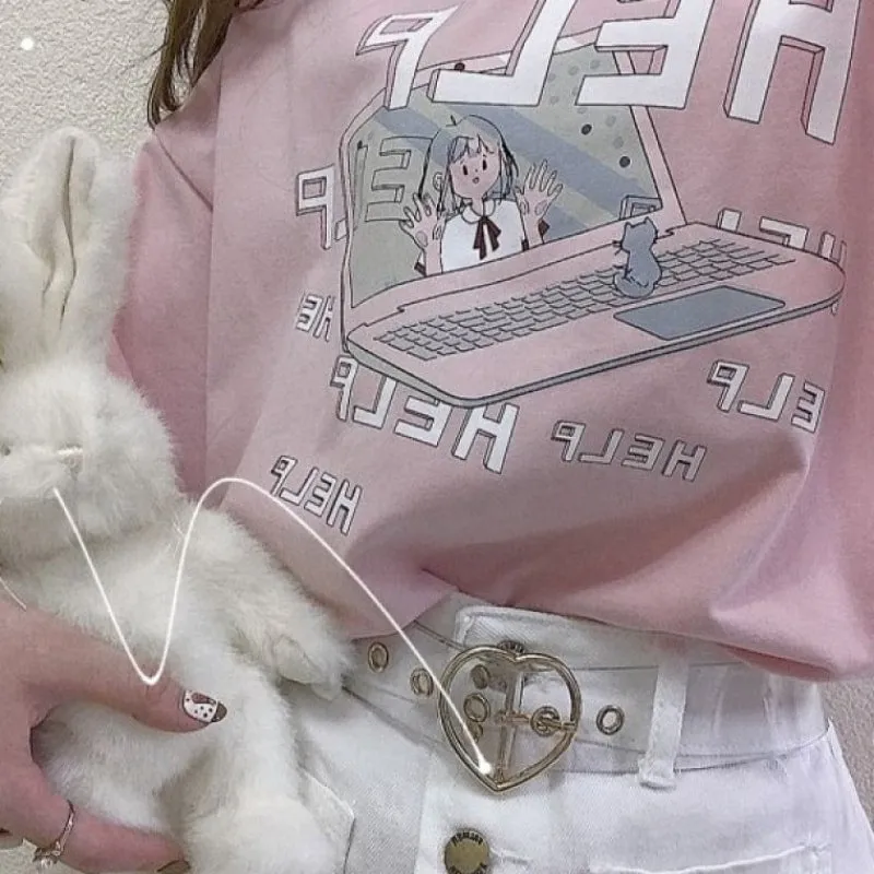 Kawaii "HELP" T-Shirt With Computer Print