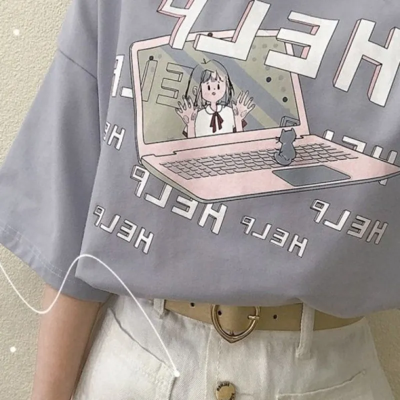 Kawaii "HELP" T-Shirt With Computer Print
