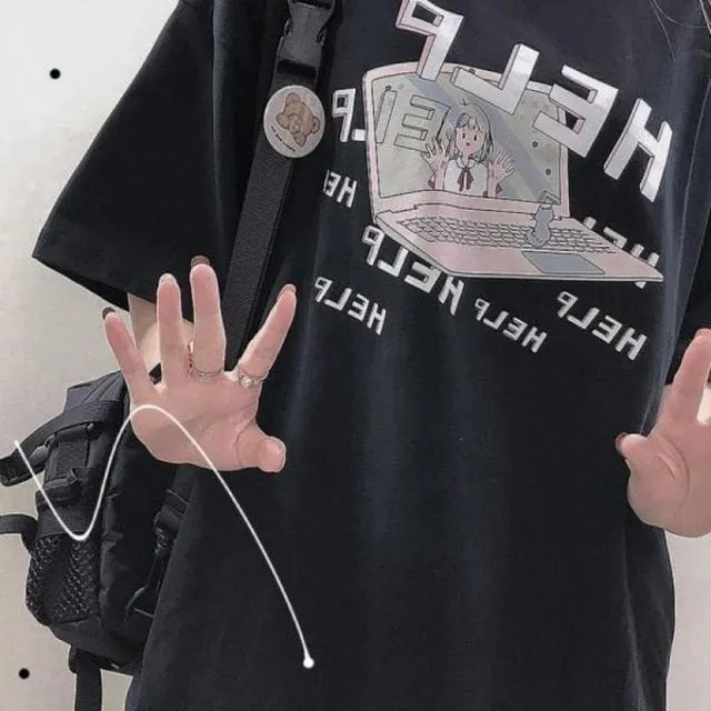 Kawaii "HELP" T-Shirt With Computer Print