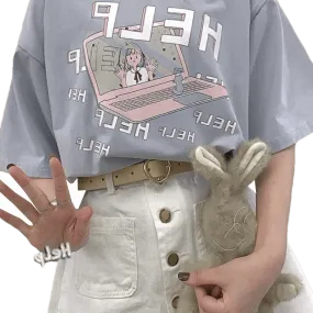 Kawaii "HELP" T-Shirt With Computer Print