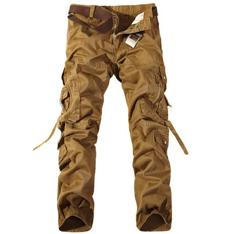 Men's Casual Ankle Strap Multiple Pockets  Pants Straight Cotton