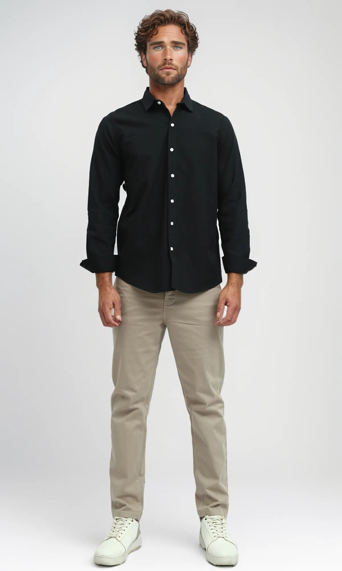 O188519  Solid Long Sleeves Casual Black Buttoned Shirt
