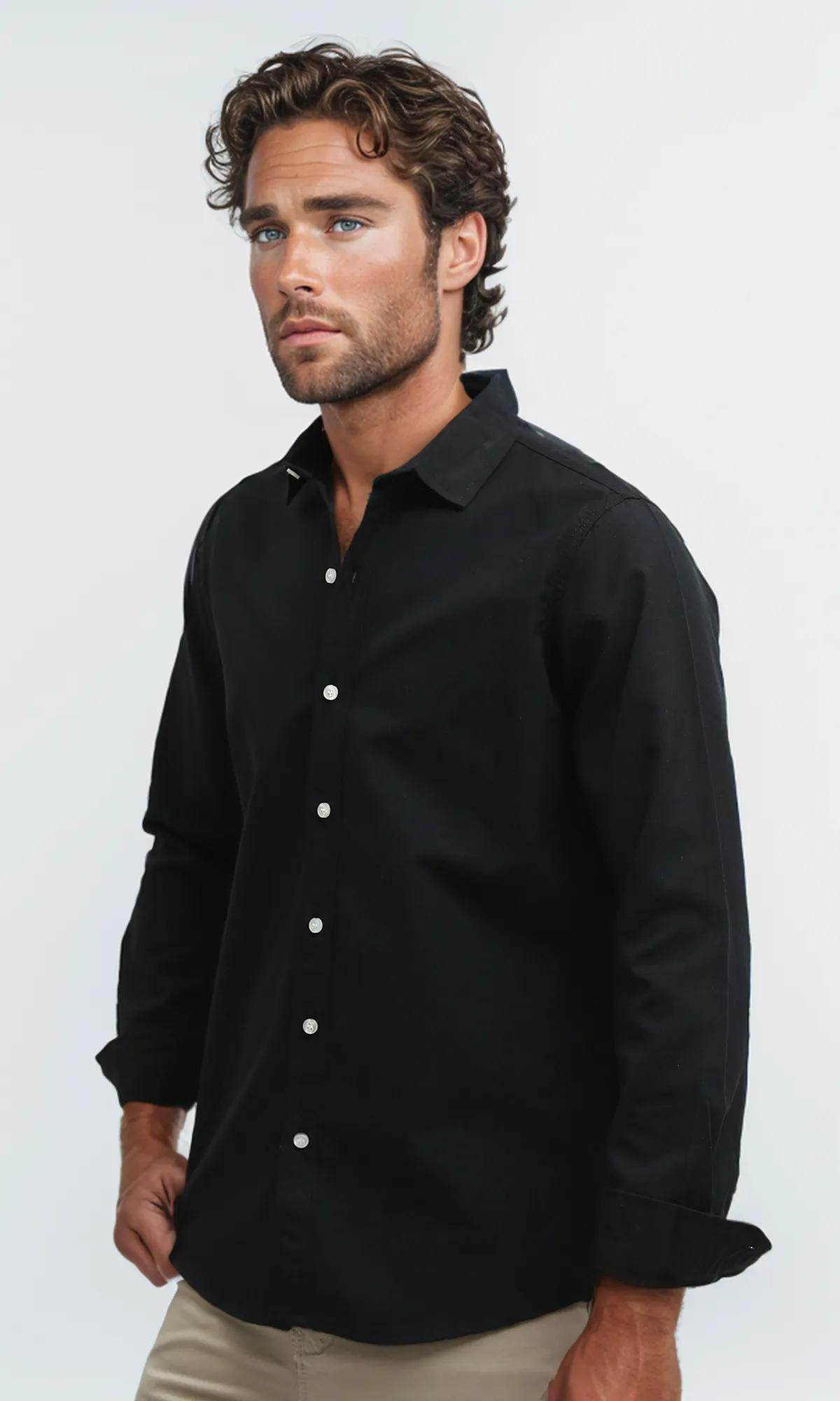 O188519  Solid Long Sleeves Casual Black Buttoned Shirt