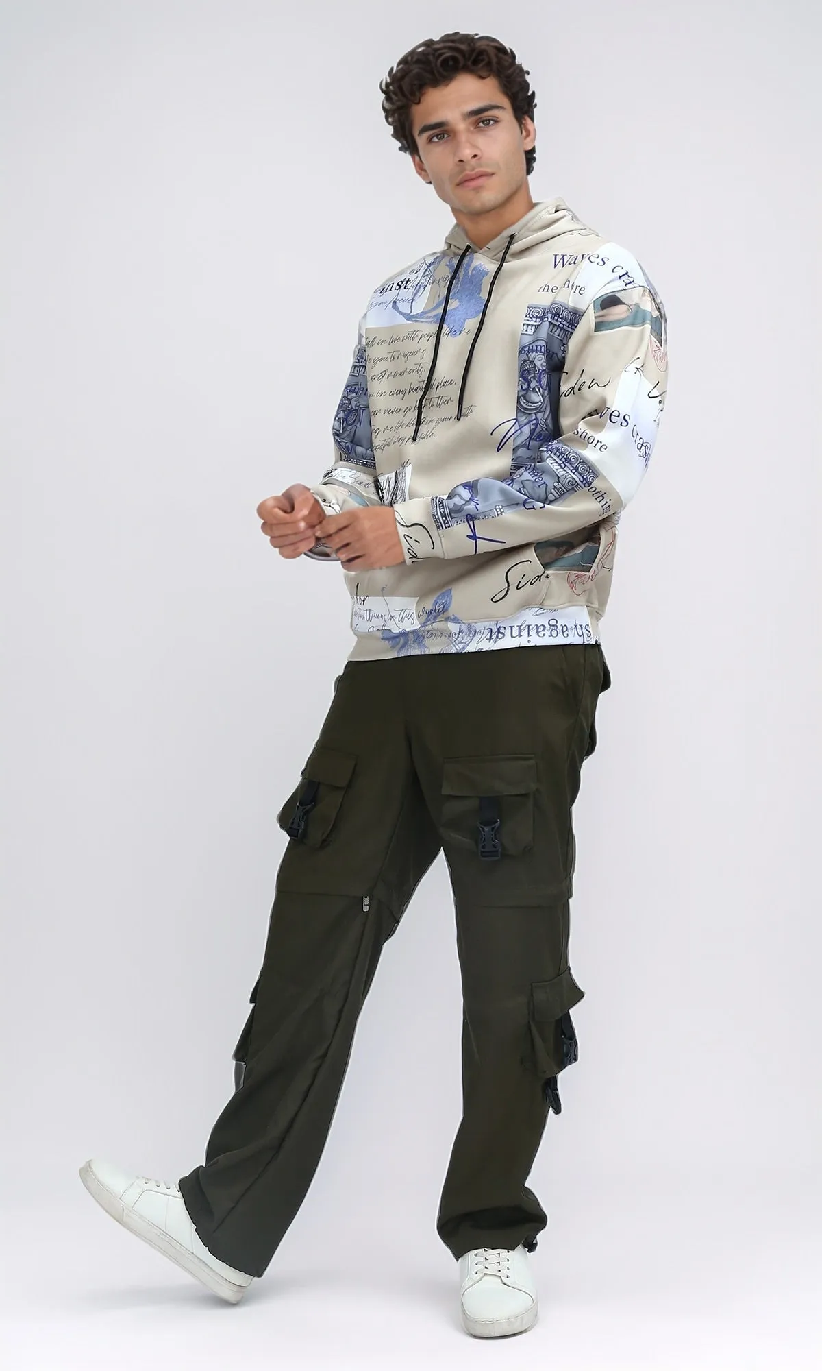 O197310 - Unique Pattern Slip On Fleece Hoodie - Beige & Blue