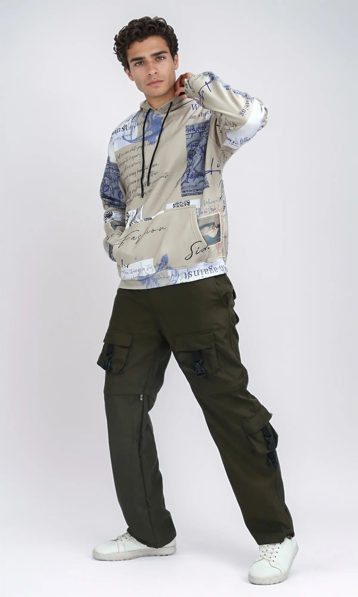 O197310 - Unique Pattern Slip On Fleece Hoodie - Beige & Blue