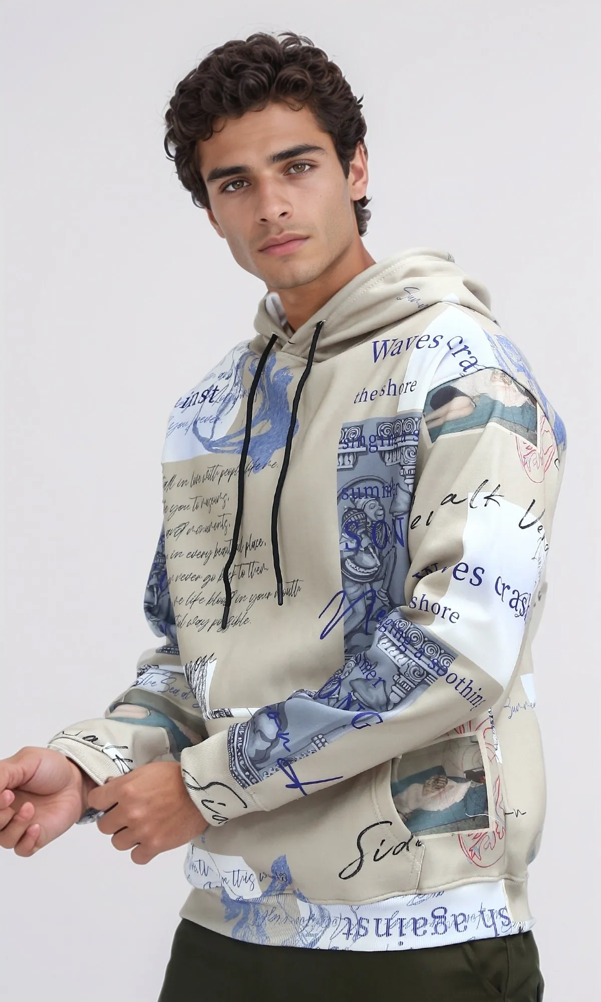 O197310 - Unique Pattern Slip On Fleece Hoodie - Beige & Blue