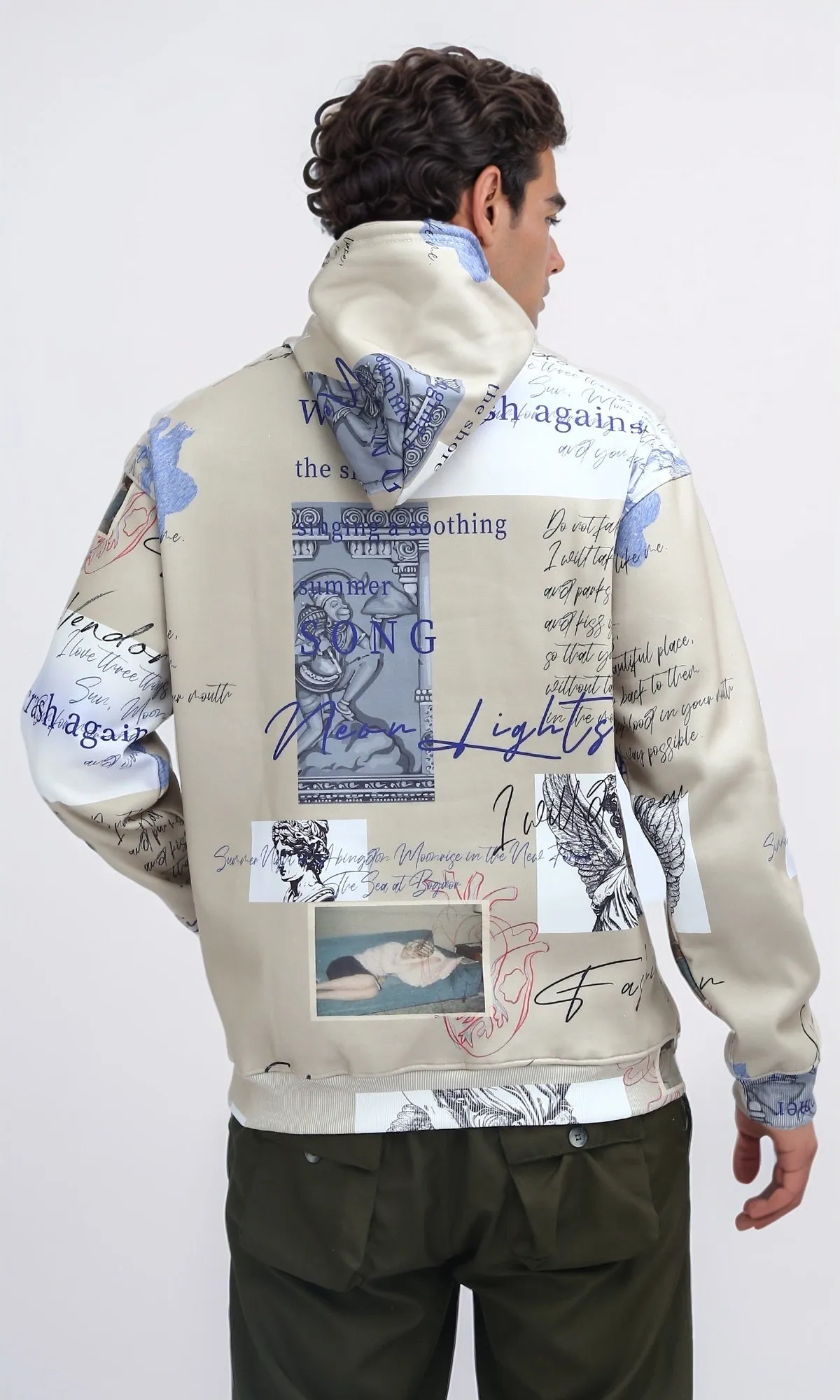 O197310 - Unique Pattern Slip On Fleece Hoodie - Beige & Blue