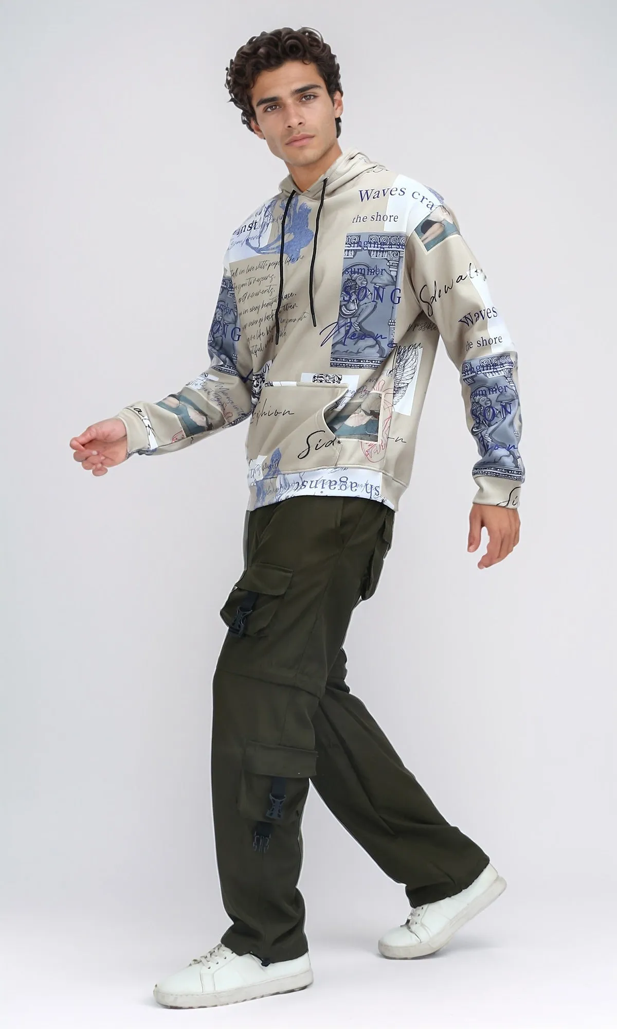 O197310 - Unique Pattern Slip On Fleece Hoodie - Beige & Blue